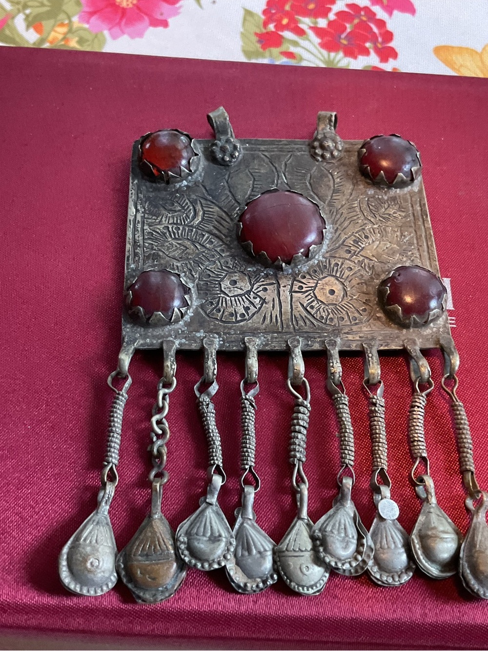 Vintage Silver Pendant Necklace with Deep Red Stones